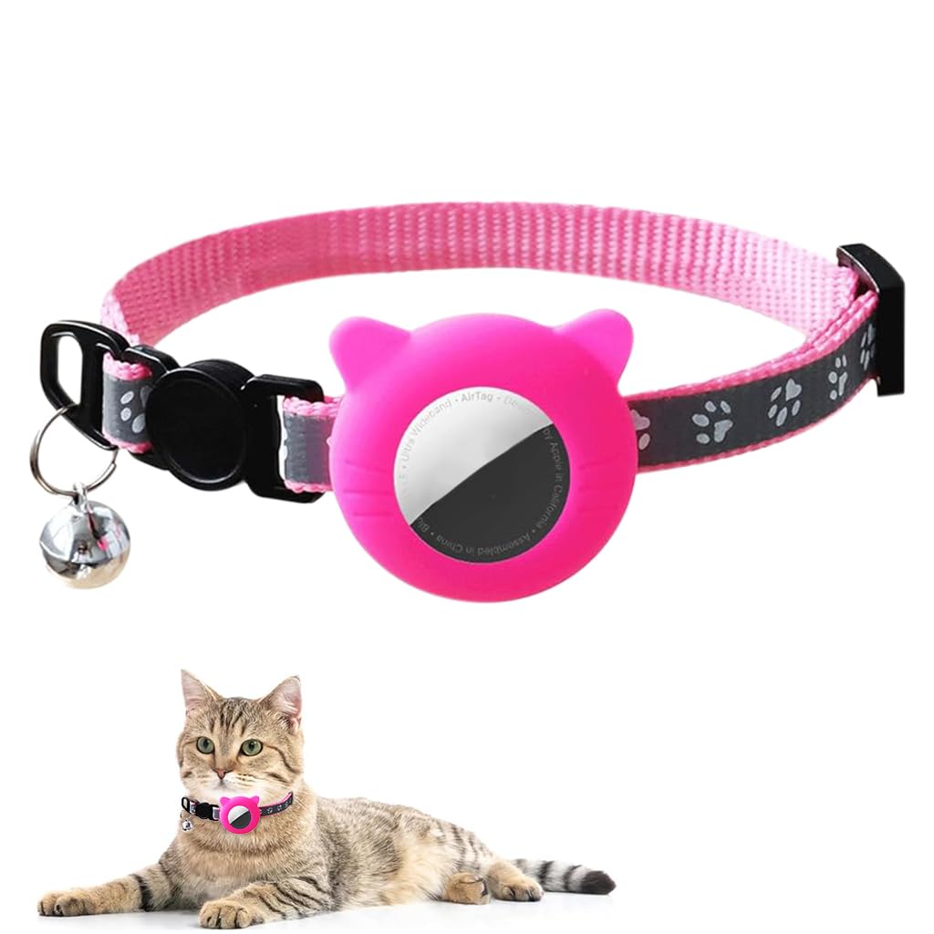 Qpets Pink Cat Collar with Silicone Airtag Holder, Reflective Airtag Case Cat Collar with Bell Quick Release Adjustable Cat Collar for Small Cat Kitten (8.6-10.8 Qpets Pink Cat Collar with Silicone Airtag Holder, Reflective Airtag Case Cat Collar with Bell Quick Release Adjustable Cat Collar for Small Cat Kitten (8.6-10.8